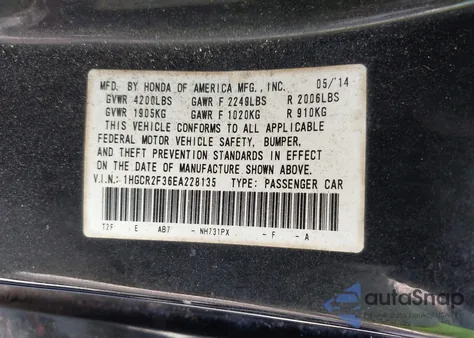 2014 Honda Accord Lx из США, поврежденный, VIN 1HGCR2F36EA228135